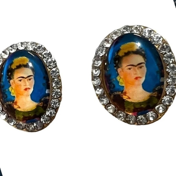 Frida Portrait Crystal Rhinestone Oval Post Earrings - Picture 2 of 2